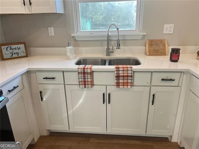 kitchen featuring white cabinetry, sink, and dark hardwood / wood-style flooring