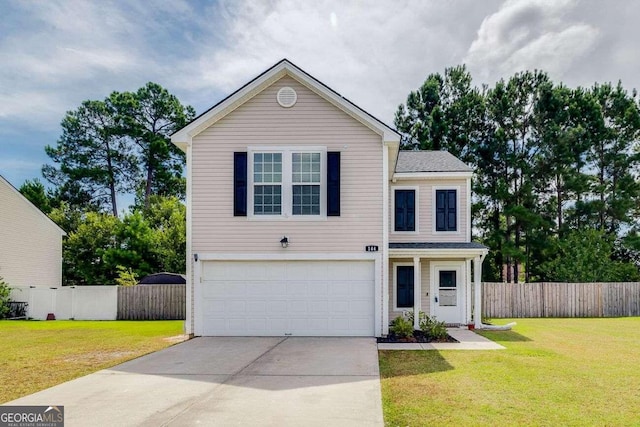 view of front property featuring a garage and a front yard