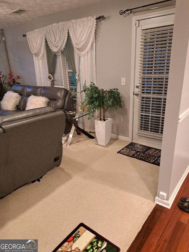 interior space featuring carpet, baseboards, visible vents, and wood finished floors