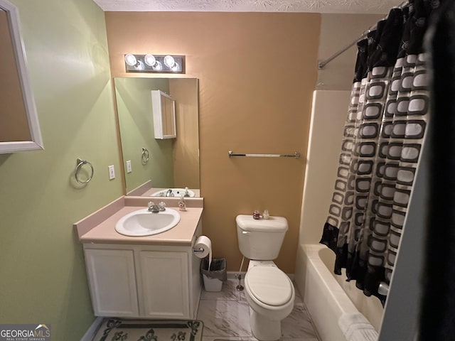 full bathroom featuring marble finish floor, vanity, toilet, and shower / bathtub combination with curtain