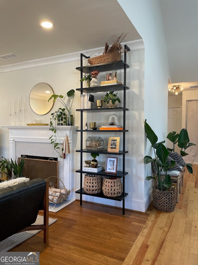 interior space with crown molding and light hardwood / wood-style floors