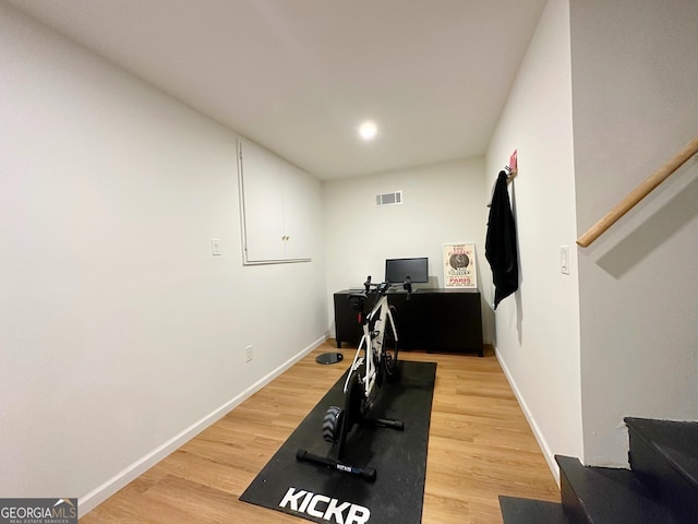 workout room featuring wood-type flooring