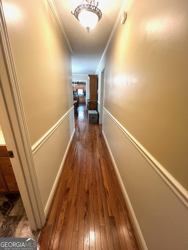 corridor featuring crown molding, dark hardwood / wood-style floors, and a textured ceiling