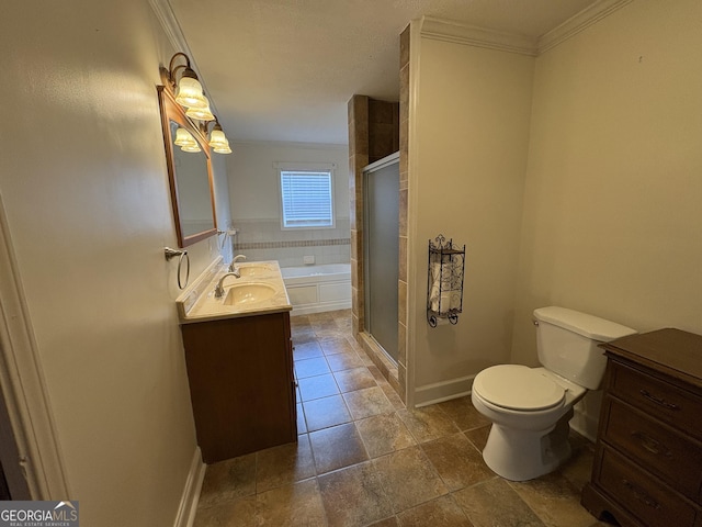 full bathroom featuring toilet, vanity, shower with separate bathtub, and crown molding