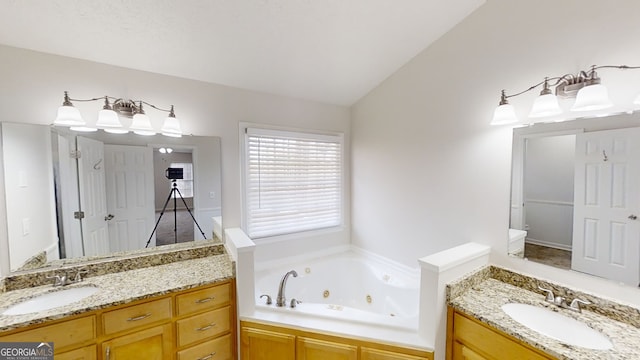 bathroom with lofted ceiling, vanity, and a washtub