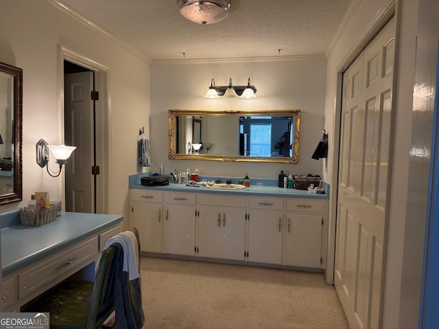 bathroom featuring crown molding, vanity, and a textured ceiling