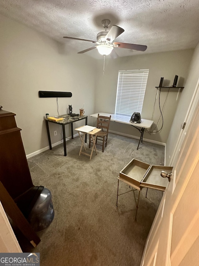 office area featuring ceiling fan, carpet flooring, and a textured ceiling