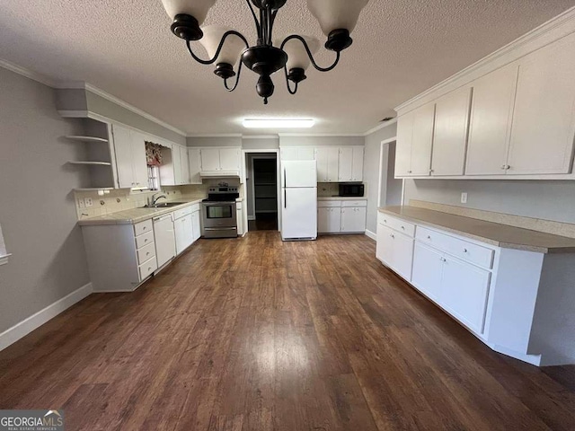 kitchen featuring sink, stainless steel range with electric stovetop, white refrigerator, dark hardwood / wood-style flooring, and white cabinets