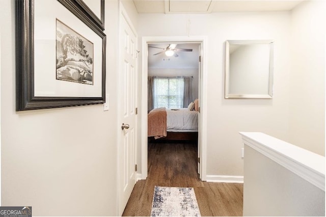 hallway with dark wood-type flooring