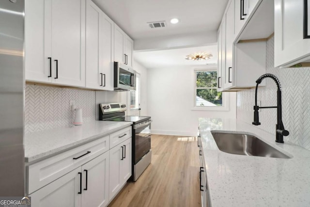 kitchen with stainless steel appliances, sink, white cabinets, and light stone counters