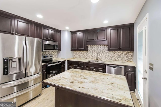 kitchen with appliances with stainless steel finishes, sink, backsplash, dark brown cabinetry, and light stone counters