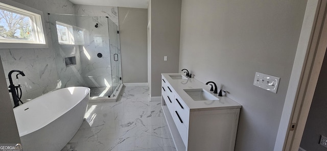 bathroom with independent shower and bath and vanity