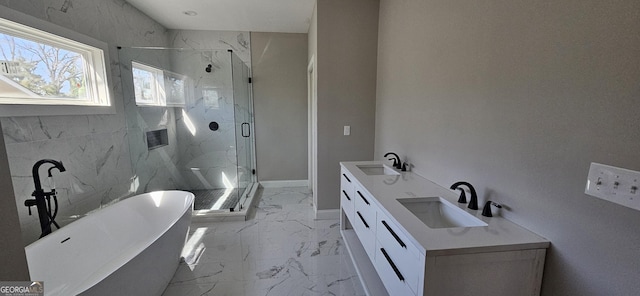 bathroom with vanity and plus walk in shower