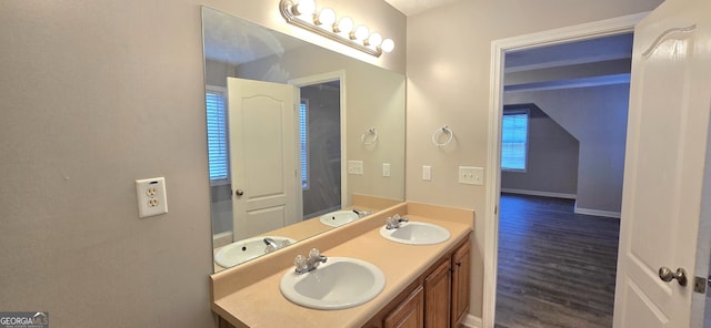 bathroom featuring vanity and wood-type flooring