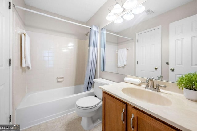 full bathroom with shower / tub combo, vanity, a notable chandelier, and toilet