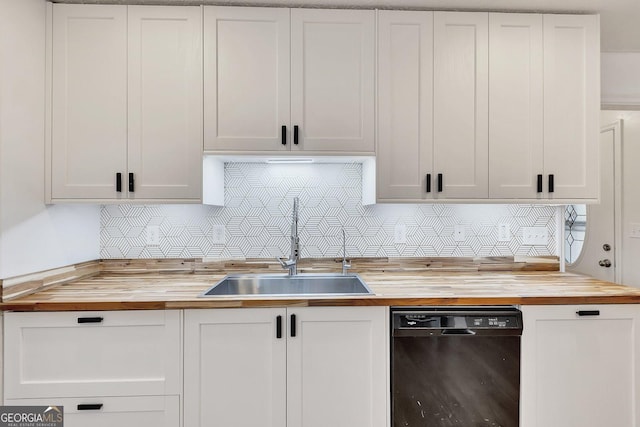 5833 Westerling Pl, Powder Springs, GA 30127 - kitchen featuring wooden counters, black dishwasher, a sink, and backsplash