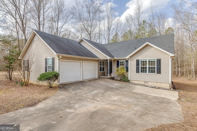 5833 Westerling Pl, Powder Springs, GA 30127 - ranch-style home with an attached garage, driveway, crawl space, and a shingled roof