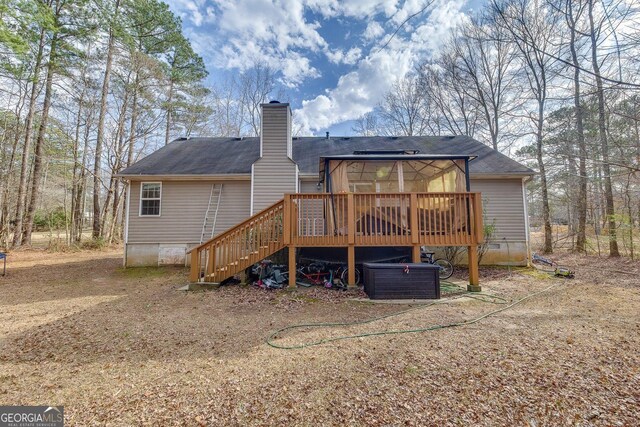 5833 Westerling Pl, Powder Springs, GA 30127 - rear view of house with cooling unit, a wooden deck, a chimney, stairway, and crawl space