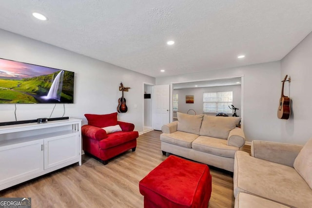 living room with light hardwood / wood-style flooring and a textured ceiling