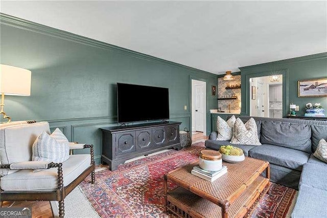 living room with crown molding