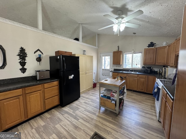 kitchen with electric stove, black fridge, light hardwood / wood-style floors, and sink