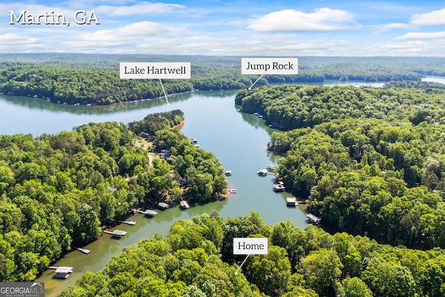 aerial view featuring a water view and a wooded view