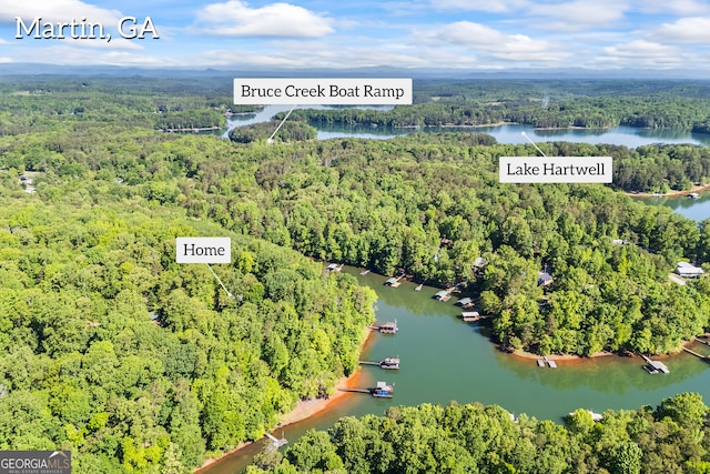 drone / aerial view featuring a water view and a view of trees