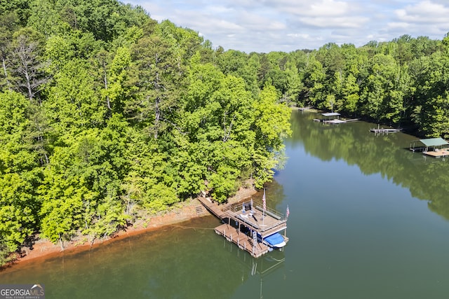 birds eye view of property with a water view and a wooded view