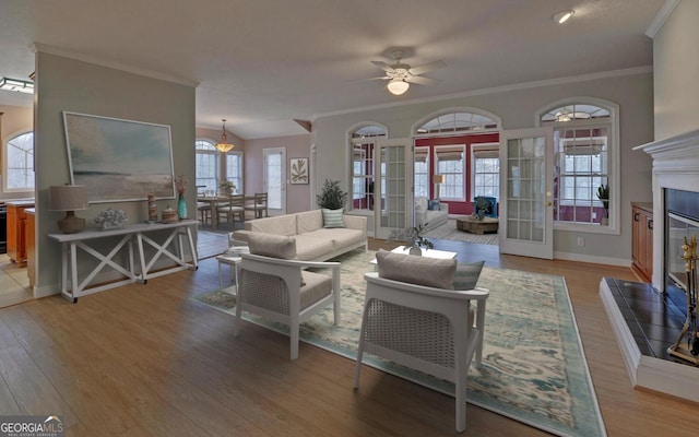 living room with light wood-type flooring, a glass covered fireplace, a wealth of natural light, and french doors