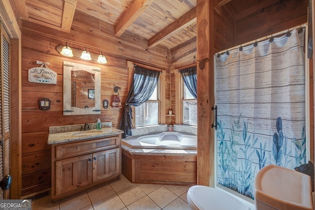 bathroom featuring toilet, wood walls, wood ceiling, beamed ceiling, and tile patterned flooring