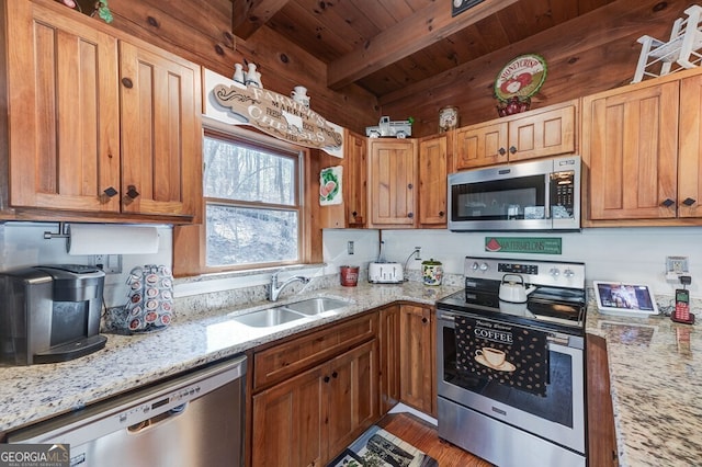 kitchen with sink, wooden ceiling, stainless steel appliances, beam ceiling, and light stone countertops