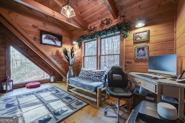 office space featuring hardwood / wood-style flooring, vaulted ceiling with beams, wooden ceiling, and wood walls