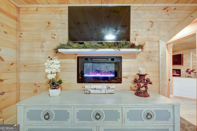 interior details featuring wooden walls