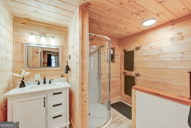 bathroom featuring walk in shower, wooden ceiling, and wood walls