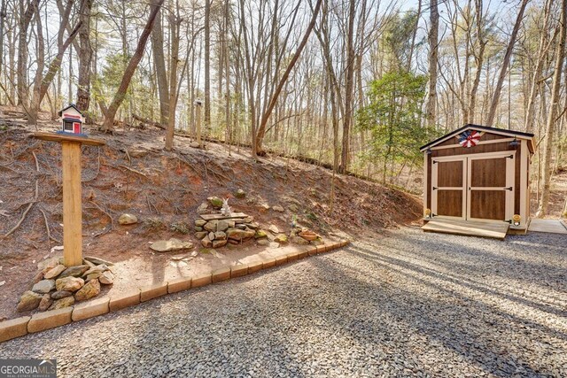 view of yard featuring a storage shed