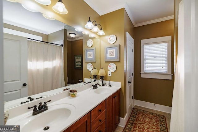 bathroom featuring tile patterned flooring, crown molding, and vanity