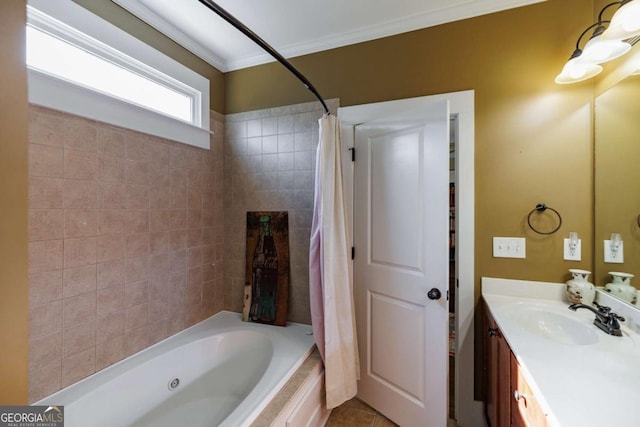 bathroom with crown molding, shower / tub combo with curtain, and vanity