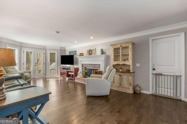 living room with dark wood-type flooring, a fireplace, ornamental molding, and french doors