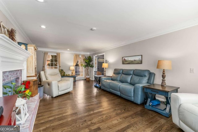 living room featuring a fireplace, dark wood-type flooring, and ornamental molding