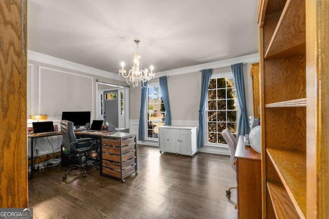 office area with ornamental molding, dark hardwood / wood-style floors, and a chandelier