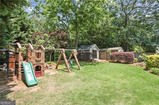 view of jungle gym with a lawn