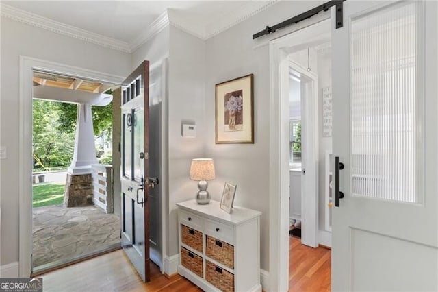 doorway to outside with ornamental molding, a barn door, and light wood-type flooring