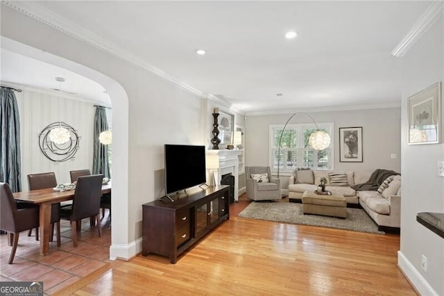 living room featuring crown molding and light hardwood / wood-style flooring