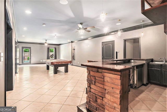 2753 Jubilee Ter, Bethlehem, GA 30620 - playroom with light tile patterned floors, crown molding, billiards, ceiling fan, and recessed lighting