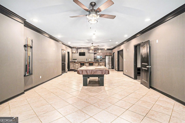 2753 Jubilee Ter, Bethlehem, GA 30620 - playroom with crown molding, ceiling fan, light tile patterned floors, recessed lighting, and pool table