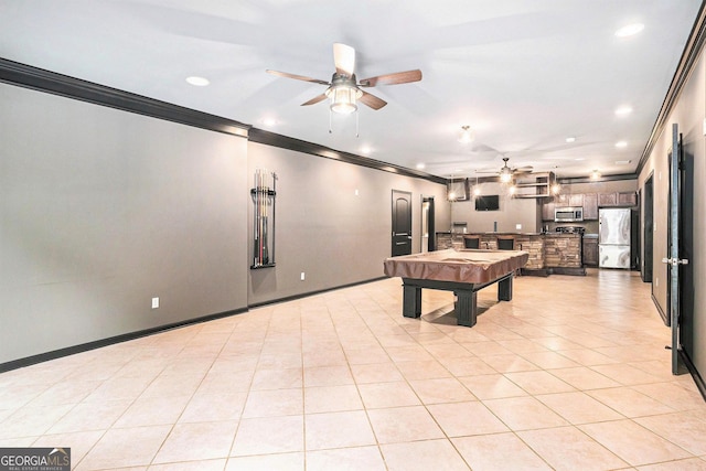 2753 Jubilee Ter, Bethlehem, GA 30620 - recreation room with ceiling fan, crown molding, recessed lighting, billiards table, and light tile patterned floors