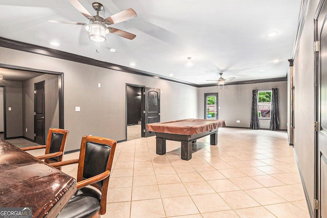 2753 Jubilee Ter, Bethlehem, GA 30620 - rec room featuring a ceiling fan, crown molding, pool table, light tile patterned flooring, and recessed lighting