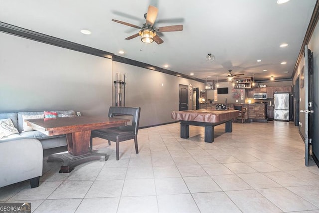 2753 Jubilee Ter, Bethlehem, GA 30620 - rec room featuring a ceiling fan, crown molding, light tile patterned flooring, recessed lighting, and pool table