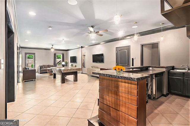 2753 Jubilee Ter, Bethlehem, GA 30620 - kitchen featuring a ceiling fan, light tile patterned floors, open floor plan, crown molding, and dark stone counters