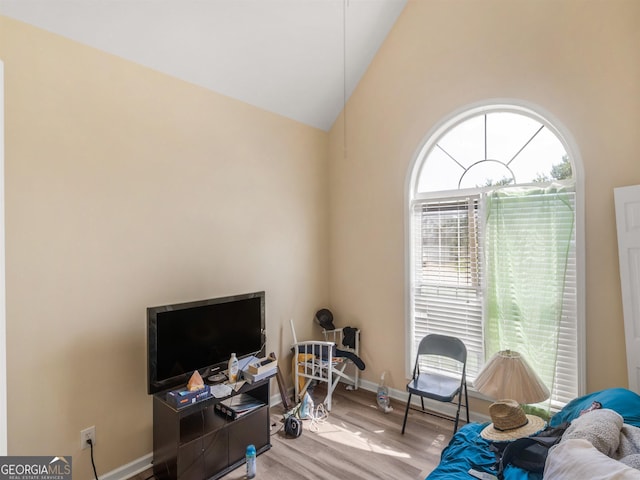 interior space with high vaulted ceiling and light wood-type flooring